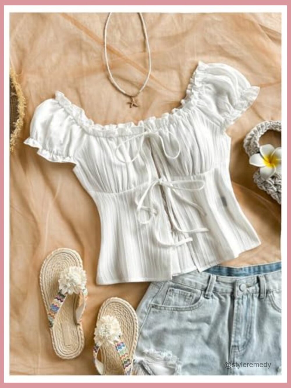 Bow Tie Front Ruched Blouse with Puff Sleeve Square Neck - Picture 3 of 5